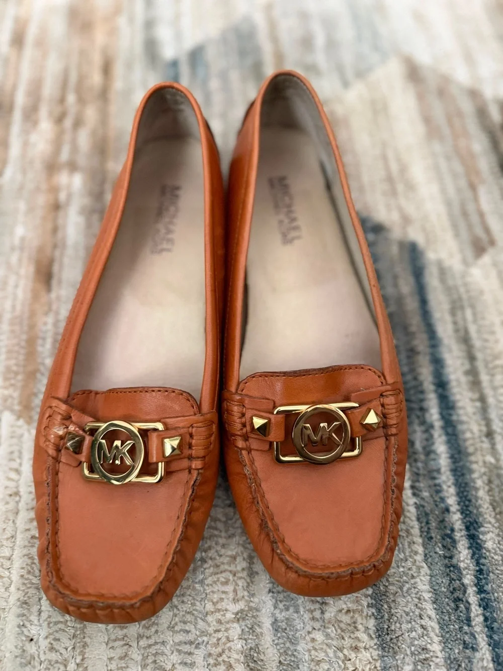 Michael Kors Orange Leather Moccasin Loafers with Gold MK Hardware